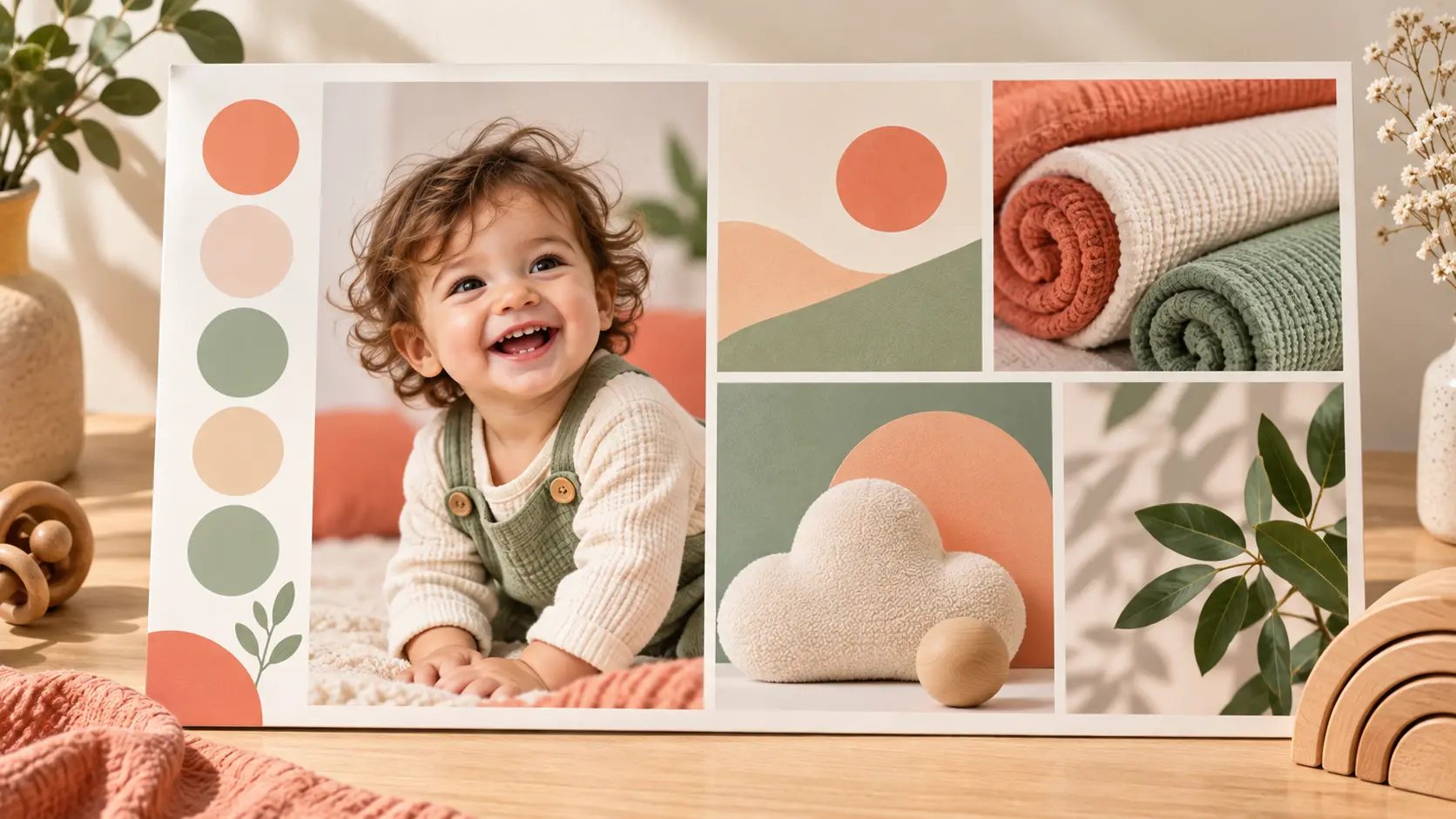 A colorful social campaign layout featuring a playful baby image and abstract product shapes