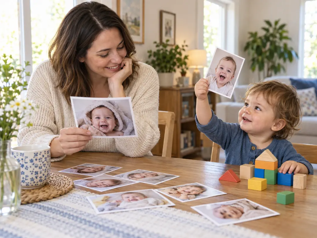 Parent choosing a playful AI baby meme image on a tablet at a family table