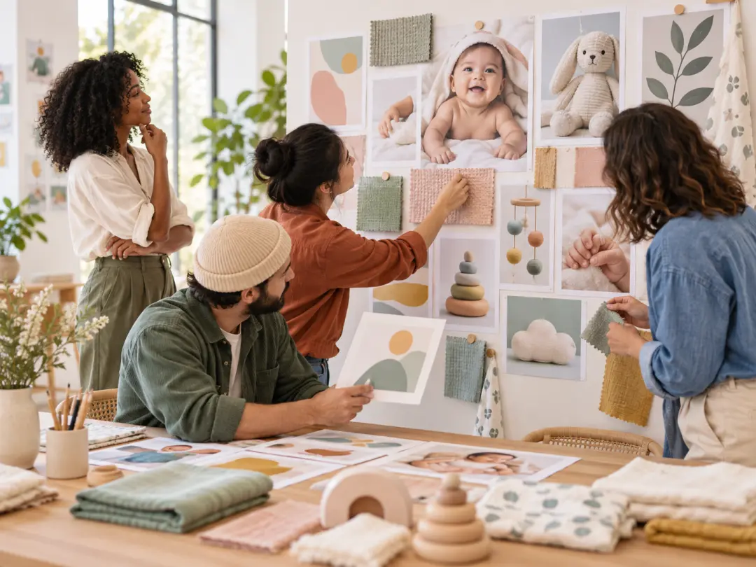 Parenting brand team arranging playful baby campaign images on a bright mood board