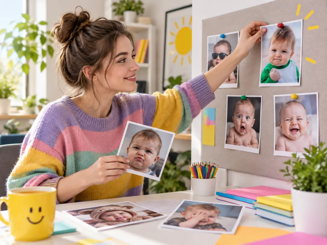 Meme creator comparing several funny baby image concepts on a studio desk