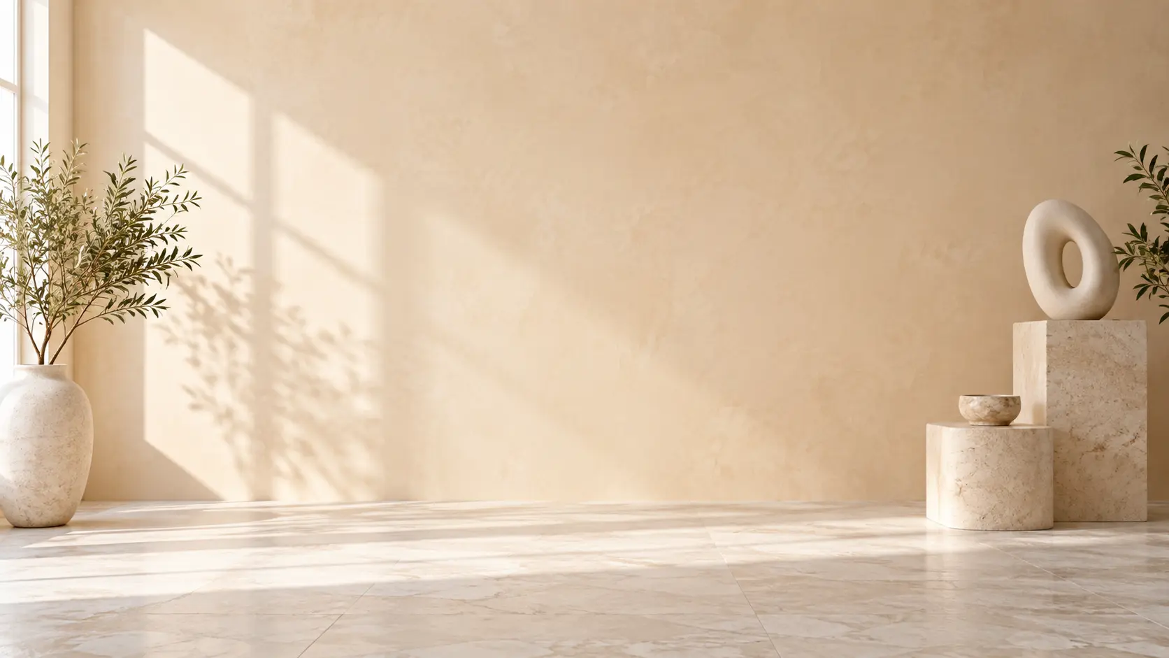 Bright generated studio environment with a warm wall, stone floor, and calm open space