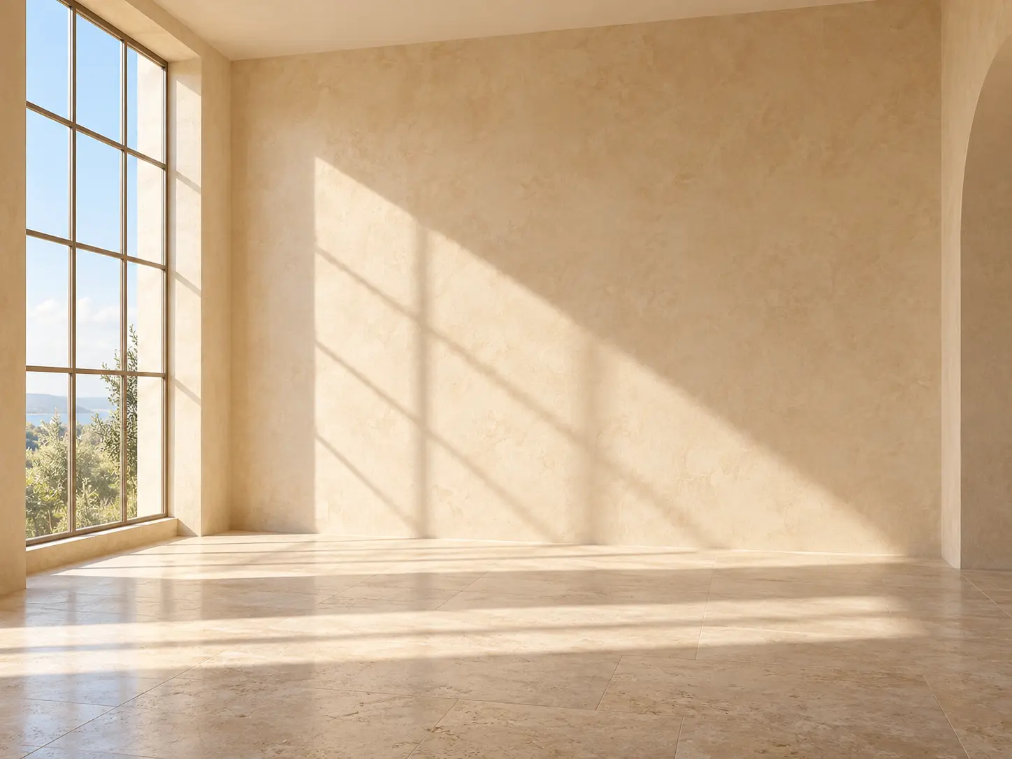 Sunlit plaster studio setting created from a written description with a stone floor and long shadows