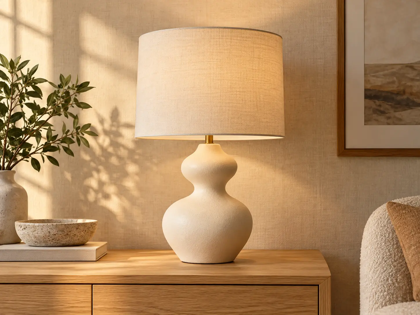 Ceramic lamp preserved as the main subject inside a softly generated room setting