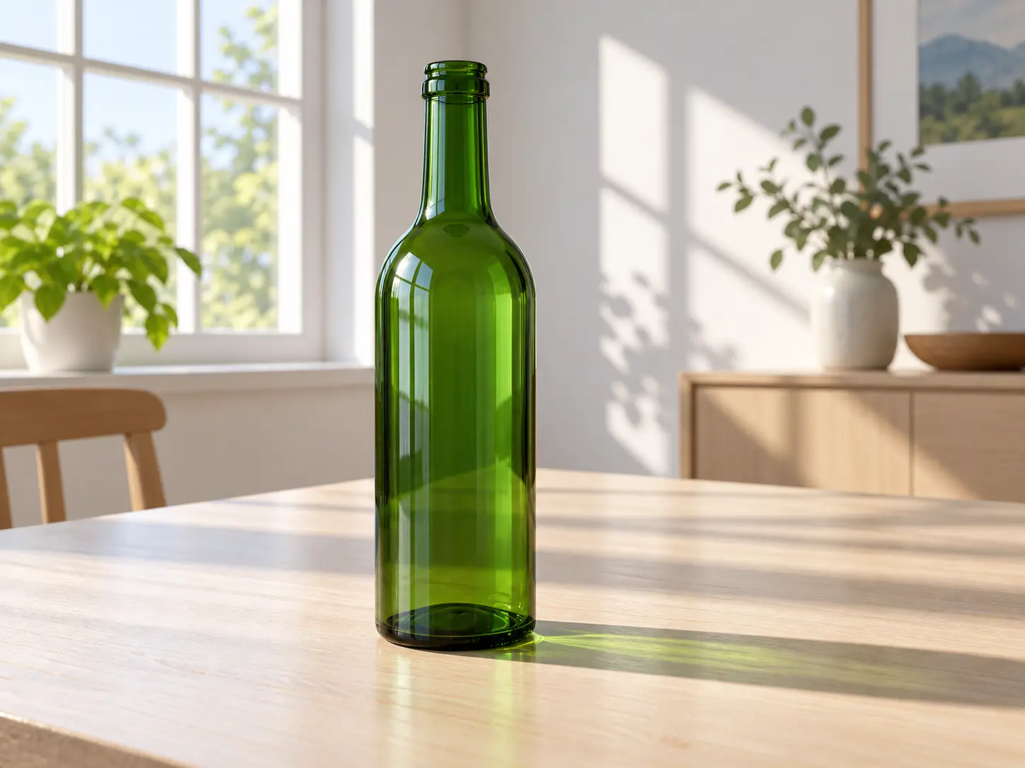 Green glass bottle and its shadow aligned naturally with the light and perspective of a generated room