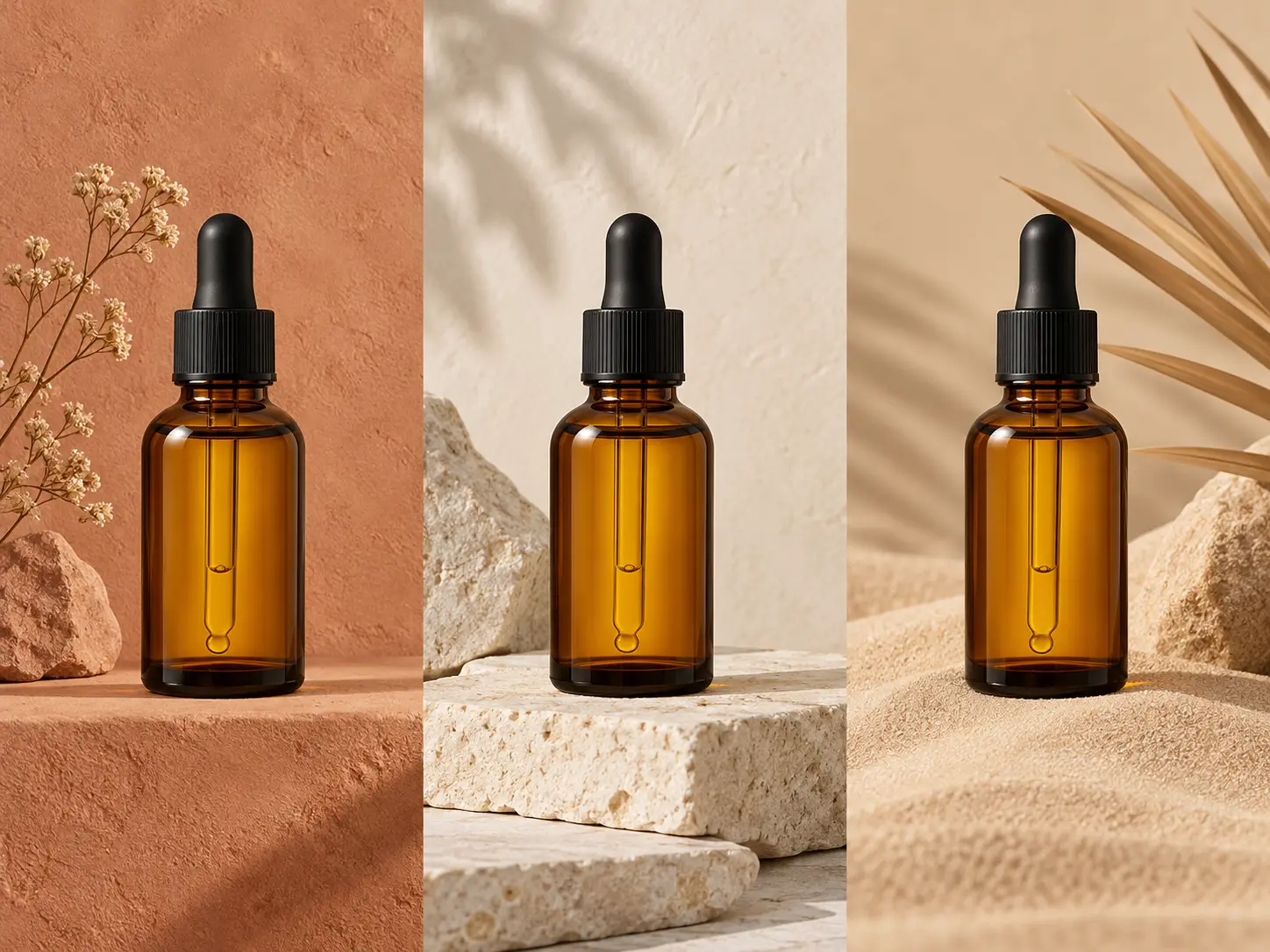 One amber product shown across three matching studio backgrounds for a coordinated campaign set