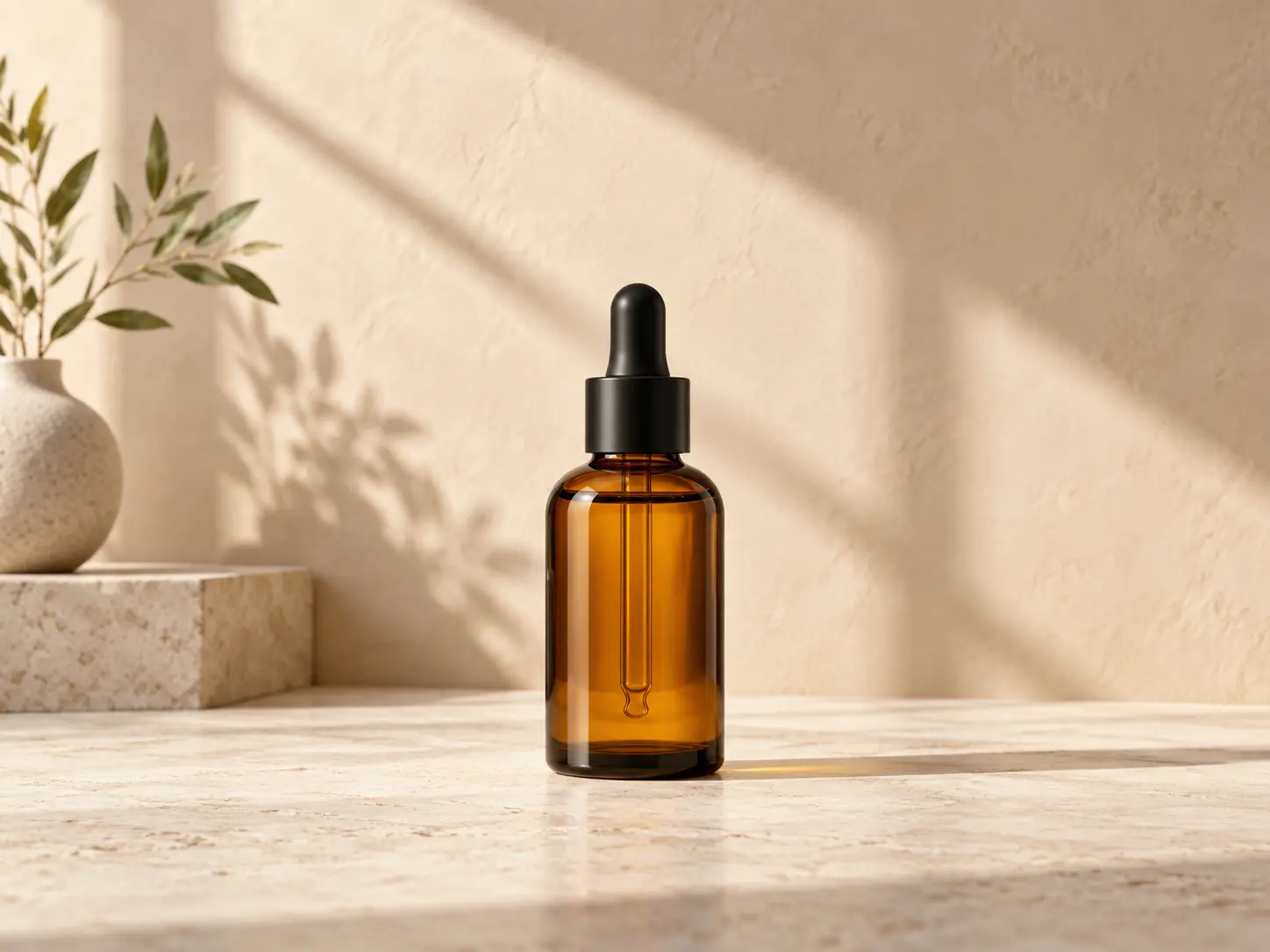 Amber glass skincare bottle standing in a sunlit minimal studio background generated from a text prompt