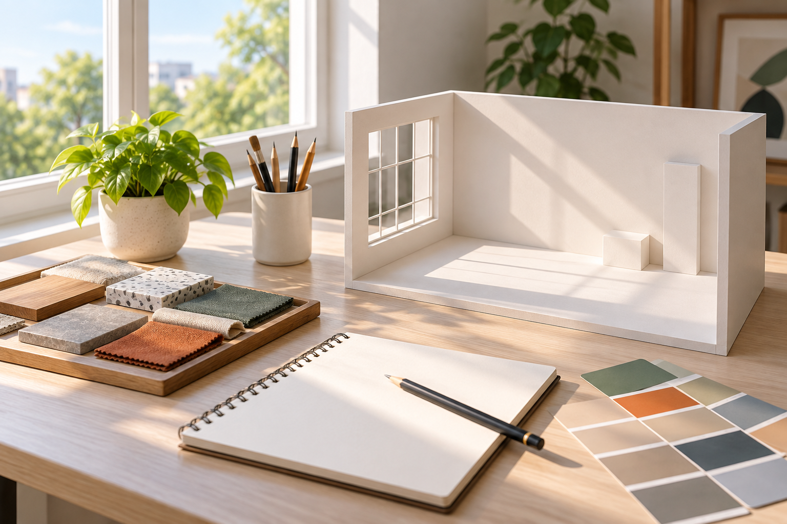 Written scene prompt beside a bright empty studio reference with a clear light direction