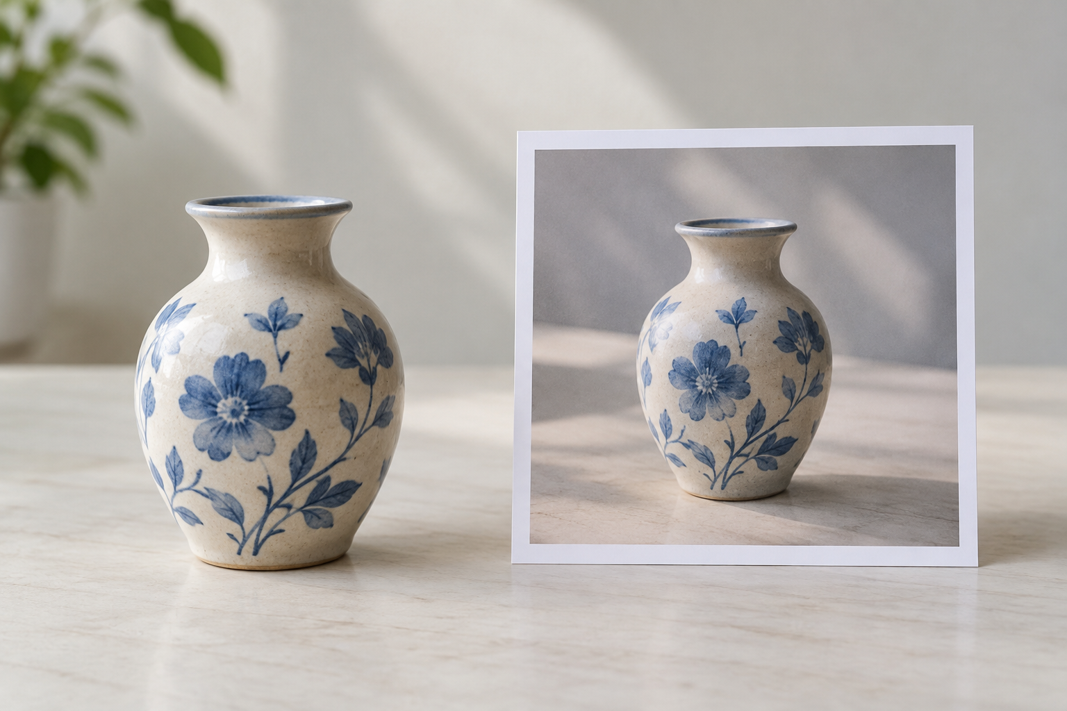 A small ceramic vase placed beside a clean reference photo before a generated setting is applied