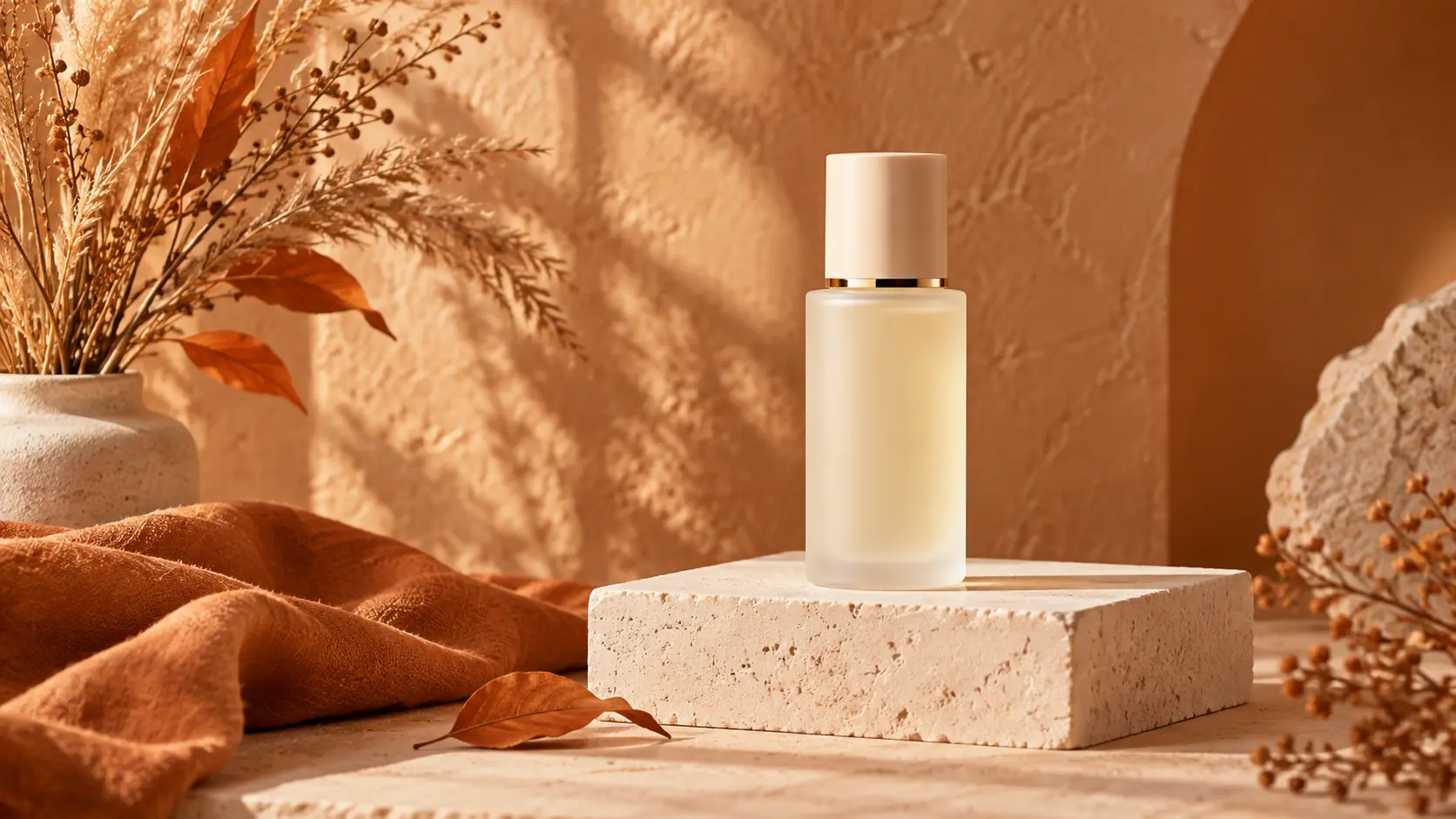 Skincare product presented in a warm seasonal studio setting for an ecommerce campaign