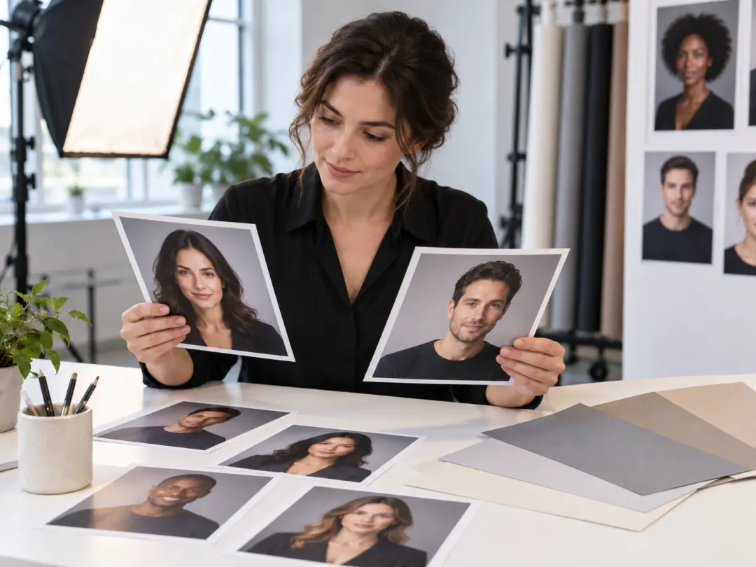 Portrait editor reviewing printed headshots in a daylight studio