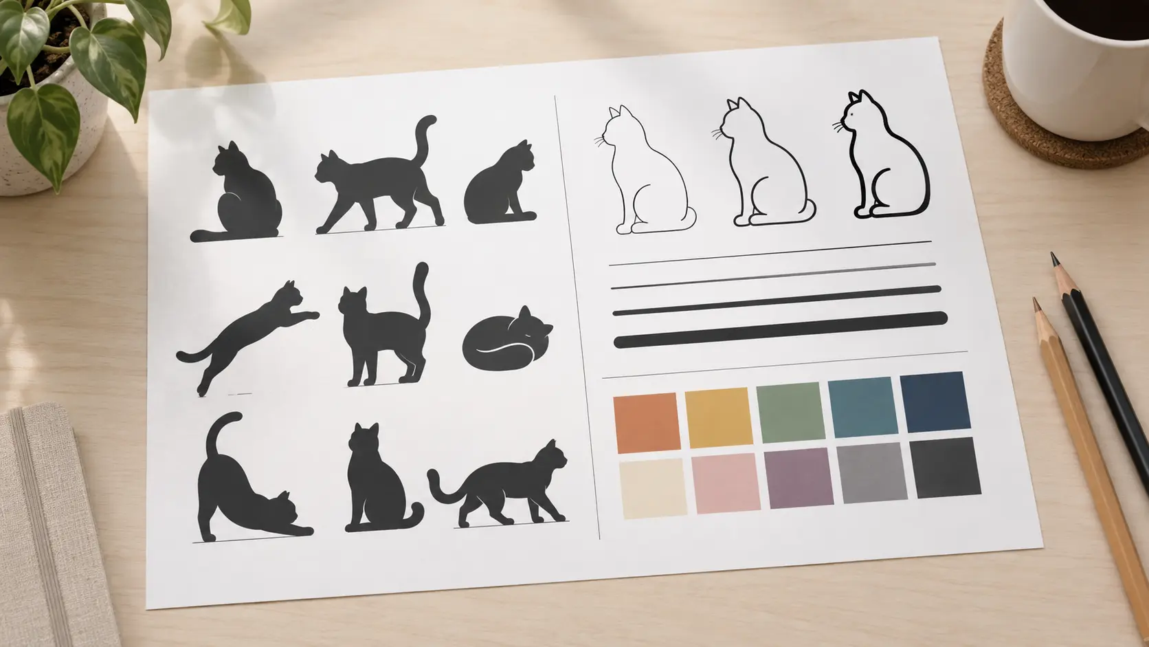 Printed AI clipart generator brief showing silhouette, outline, and palette notes