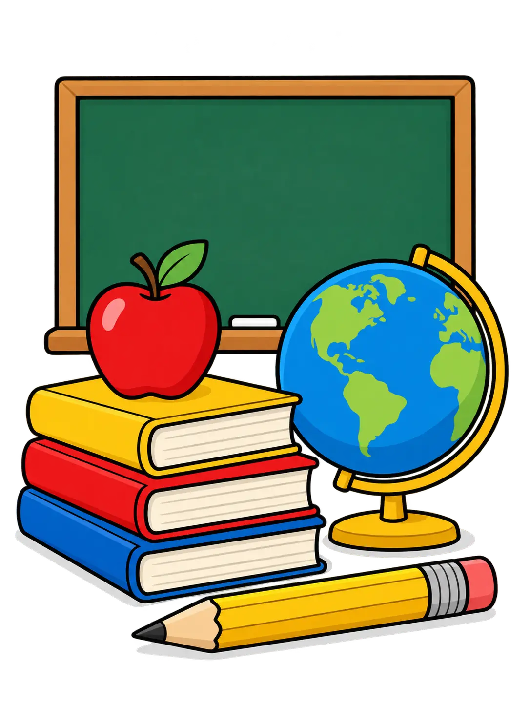 AI clipart generator row of simple classroom objects in flat primary colors