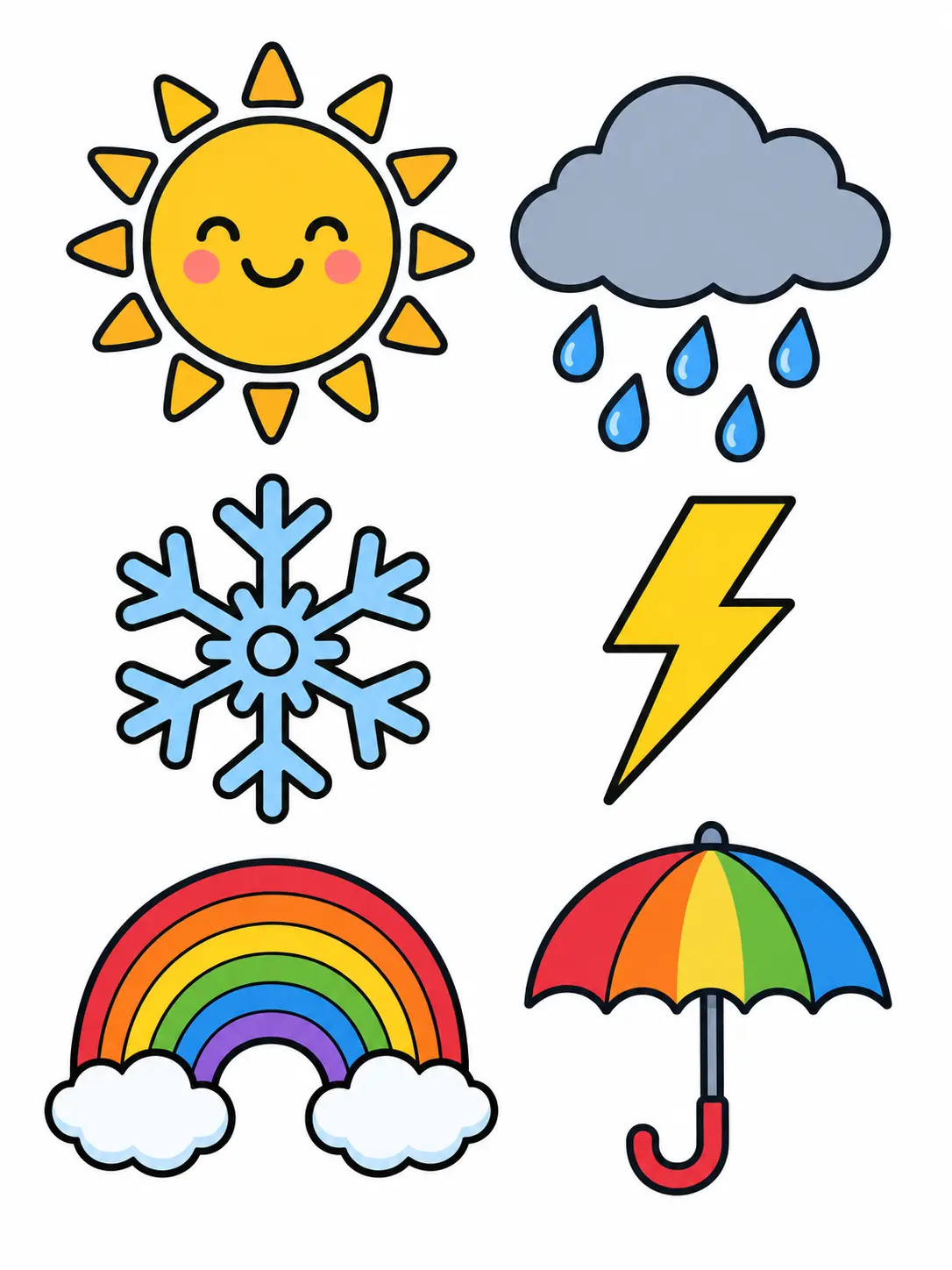AI clipart generator weather icon set with sun, rain cloud, snowflake, lightning, rainbow, and umbrella