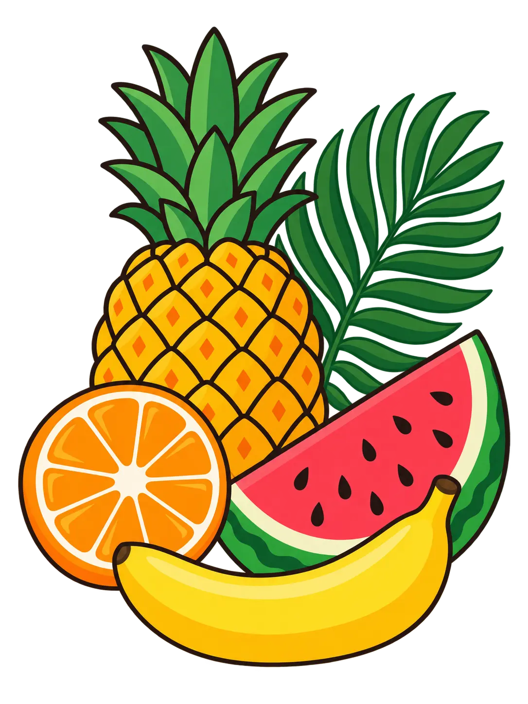 AI clipart generator tropical fruit set with pineapple, orange, watermelon, banana, and palm leaf