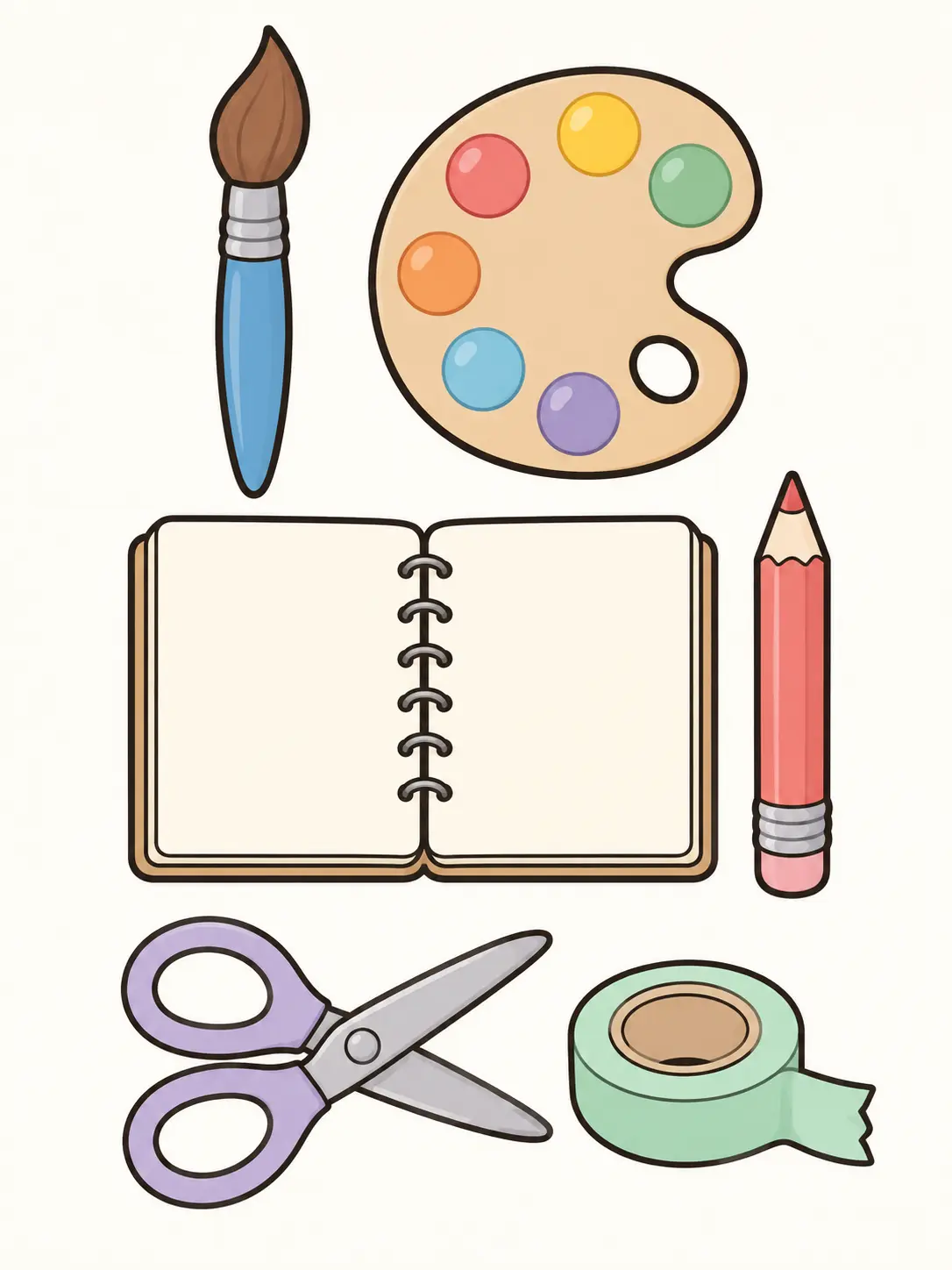 AI clipart generator art supply set with paintbrush, palette, sketchbook, pencil, scissors, and tape