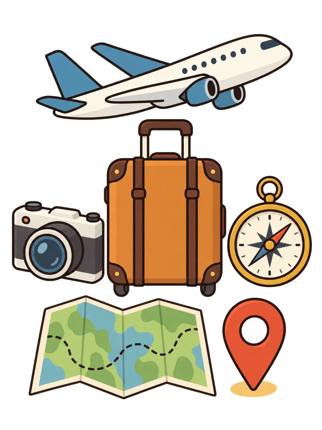 AI clipart generator travel set with airplane, suitcase, camera, compass, map, and location pin