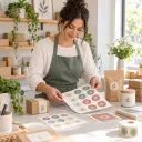 Small shop owner arranging AI clipart generator icons for a product label