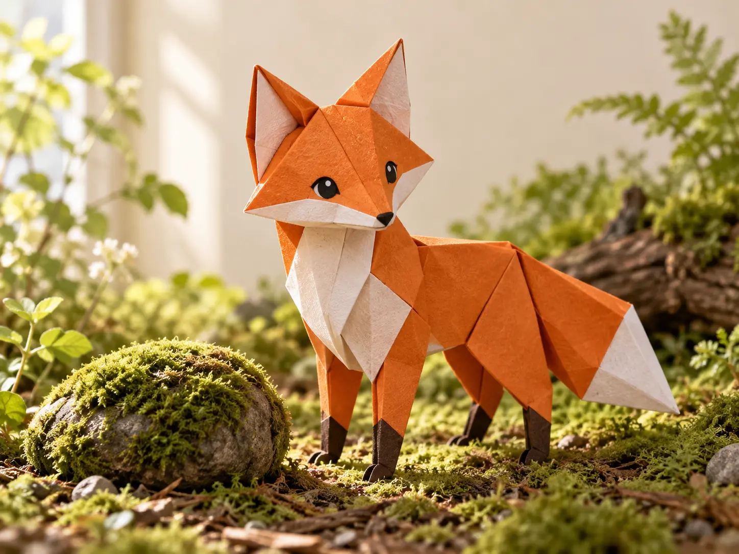 A folded orange paper fox beside a small mossy stone in a bright miniature forest
