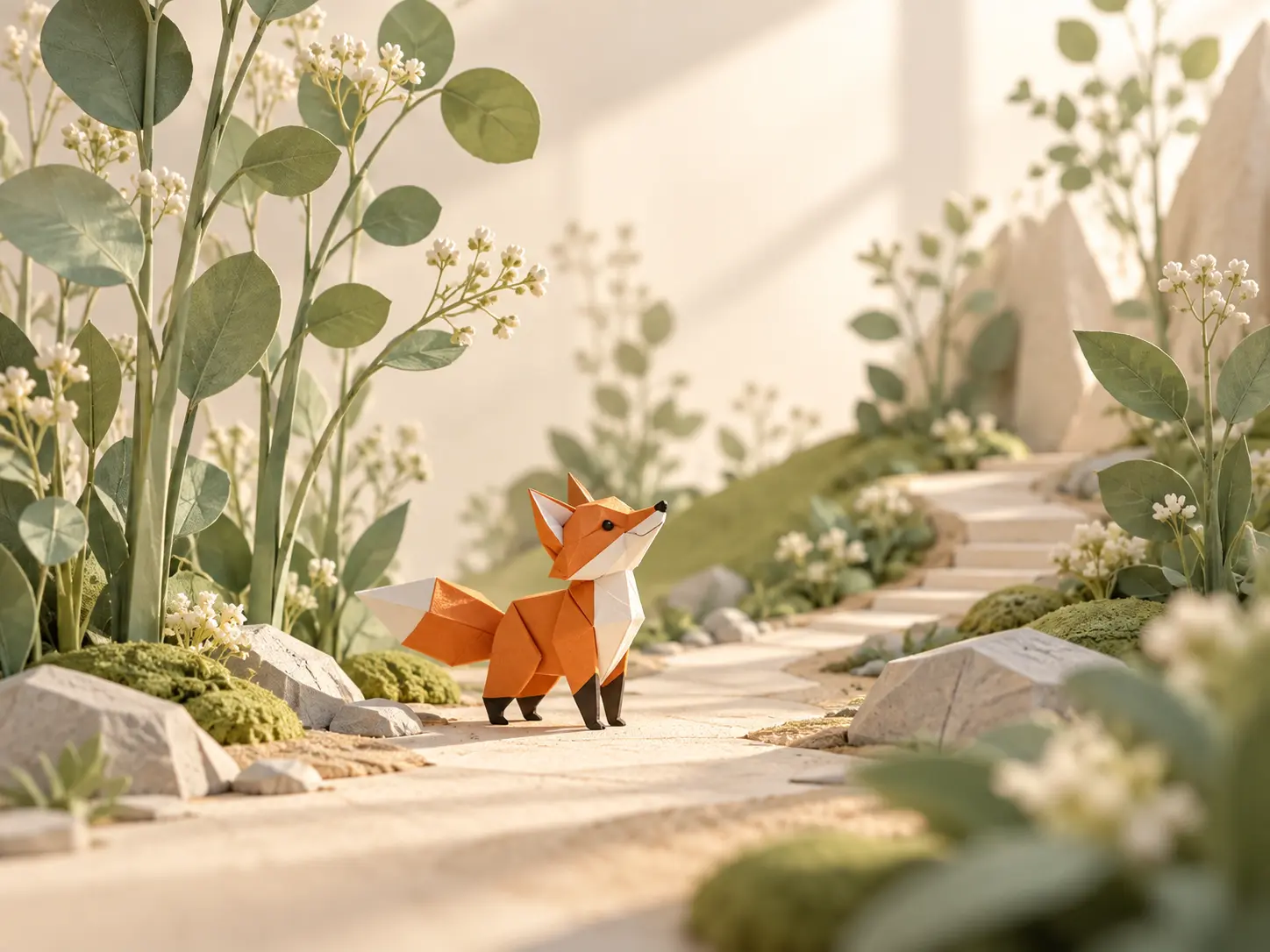 Orange paper fox framed with generous space among tall sunlit paper plants
