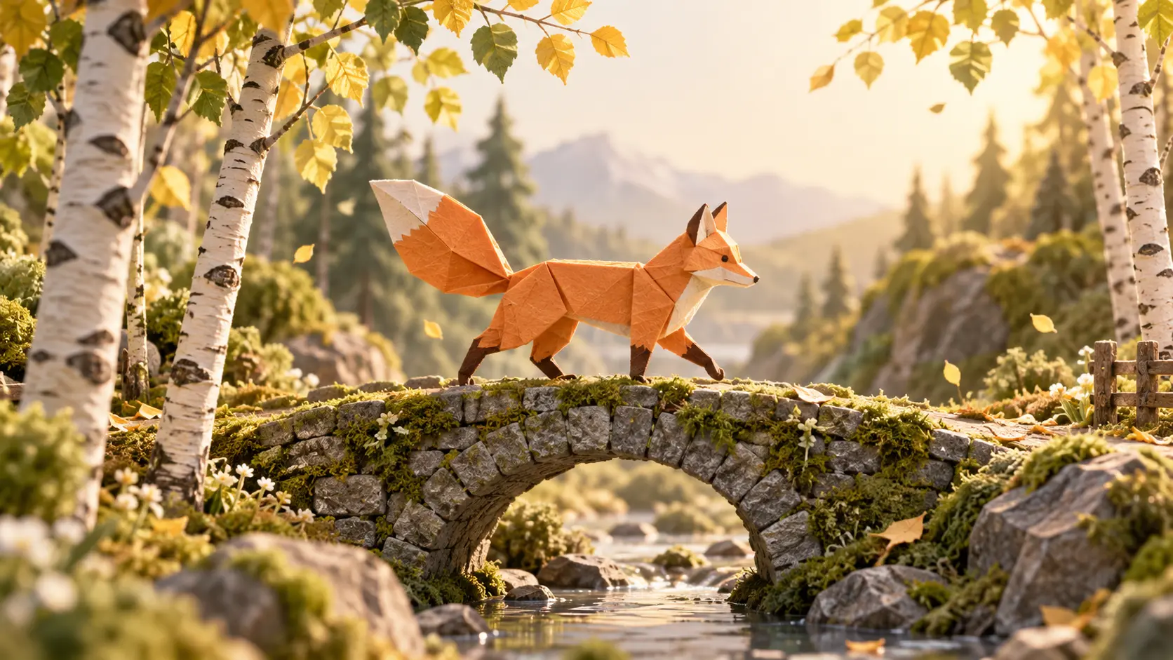 Orange paper fox mid-step in a sunlit miniature moss landscape, illustrating an AI-created video scene