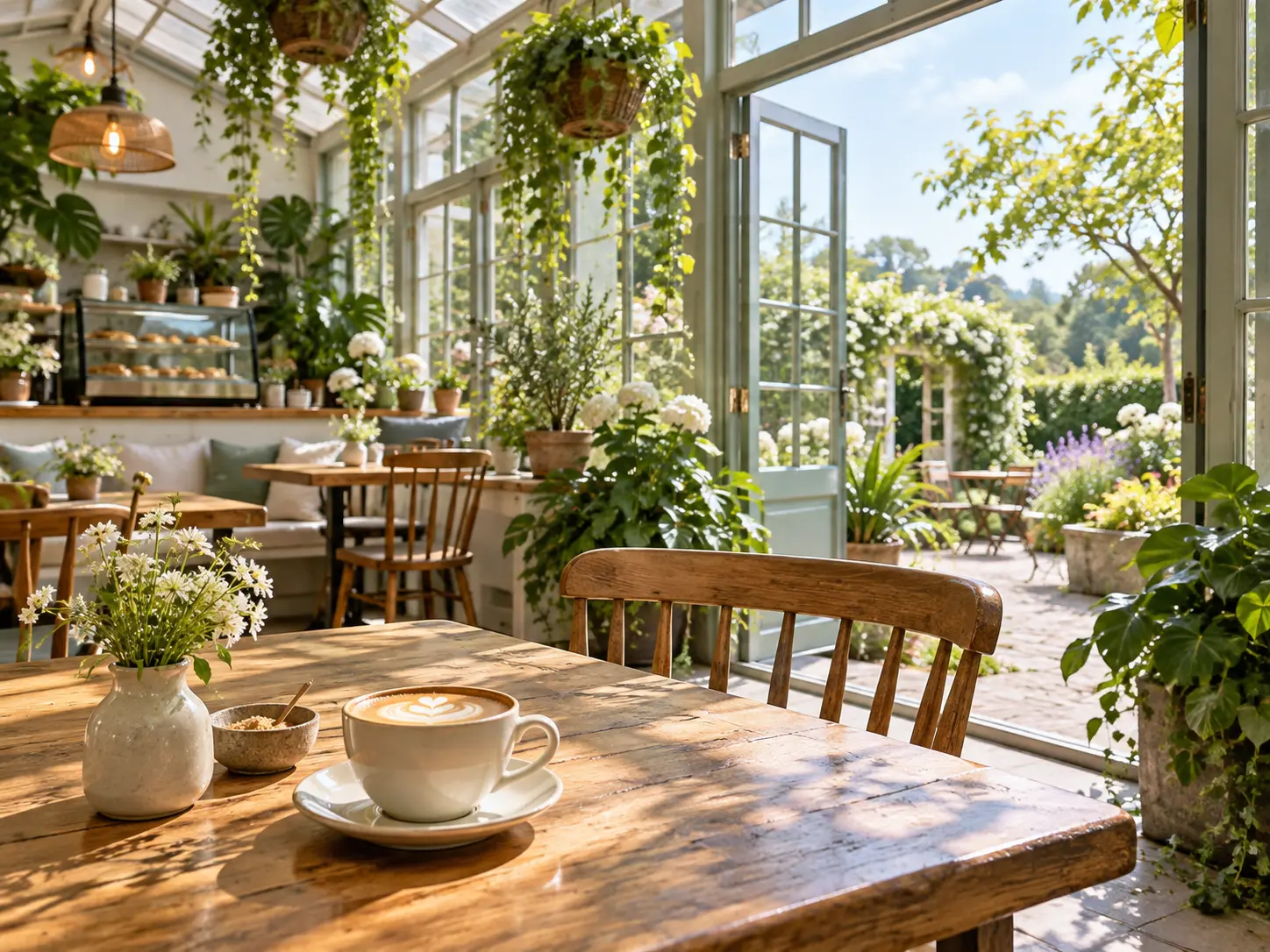 Sunlit greenhouse cafe scene created from a detailed visual description