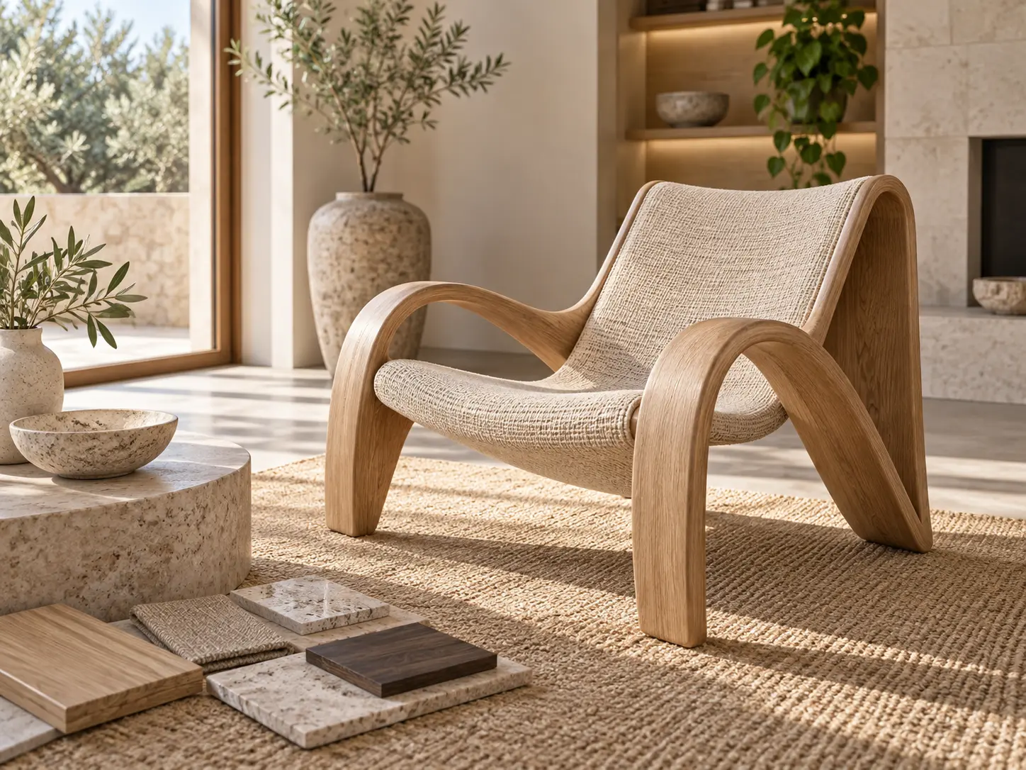 Sculptural chair in a warm interior inspired by a material reference
