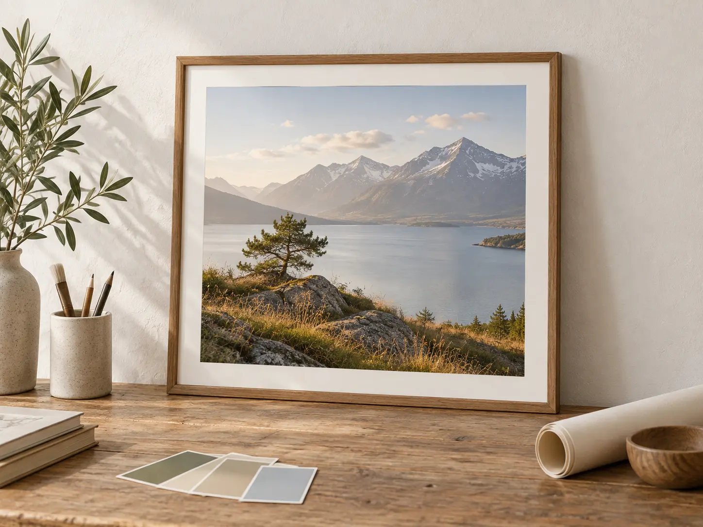 Illustrated and photorealistic framed prints arranged on a studio table