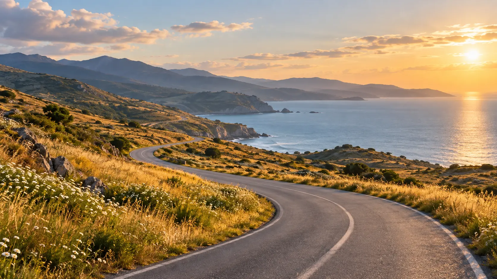 Coastal road landscape generated from an editorial scene description