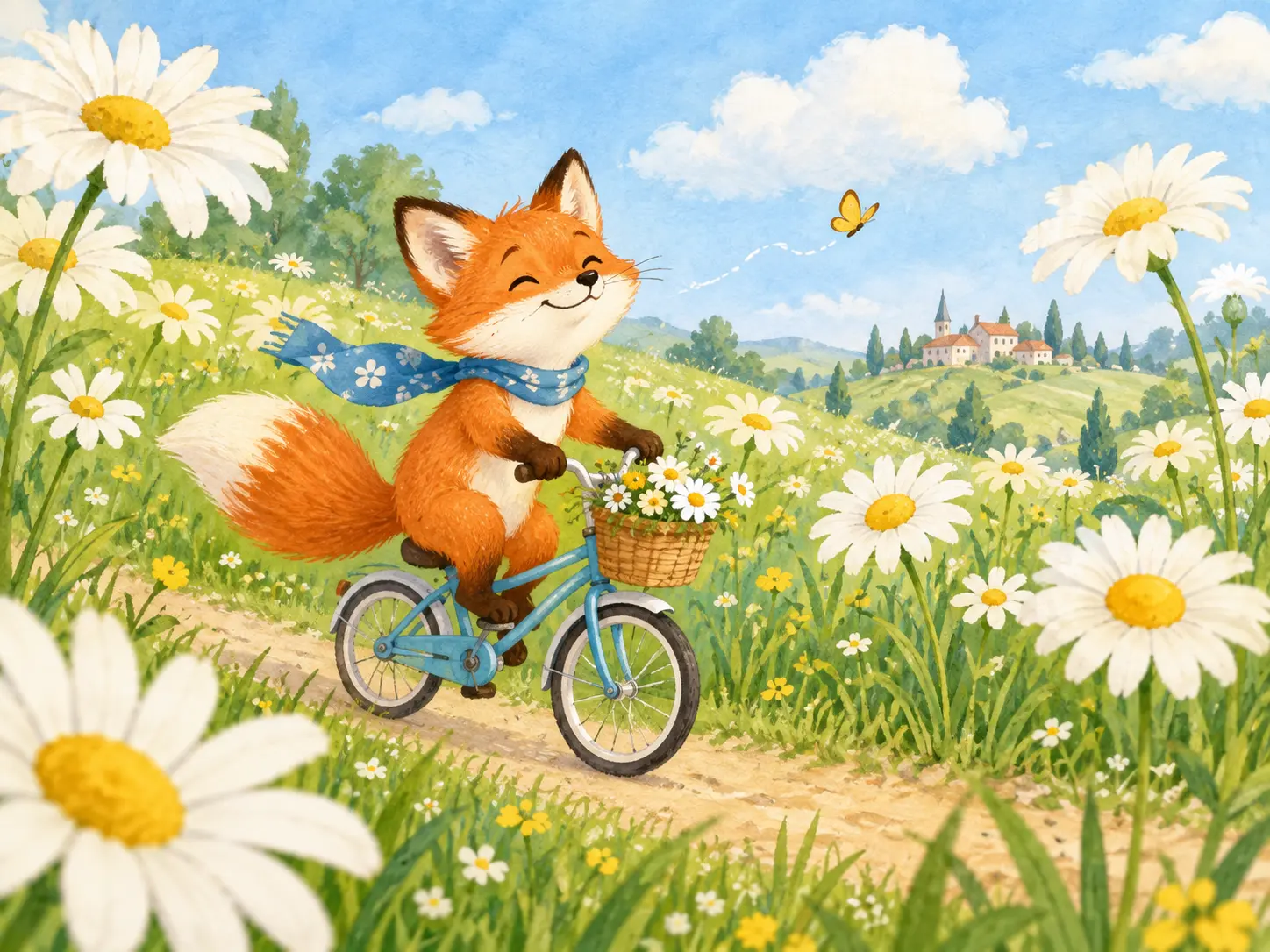 Fox on a bicycle generated from a playful illustration prompt