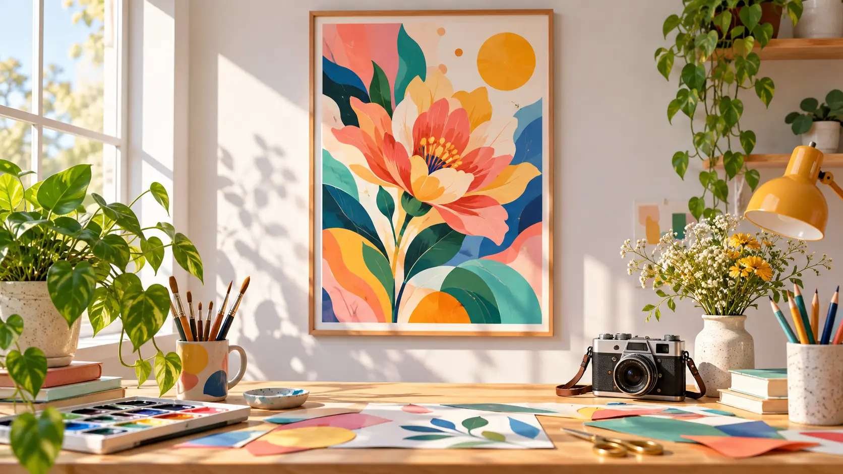 Colorful social campaign artwork displayed in a bright creative workspace