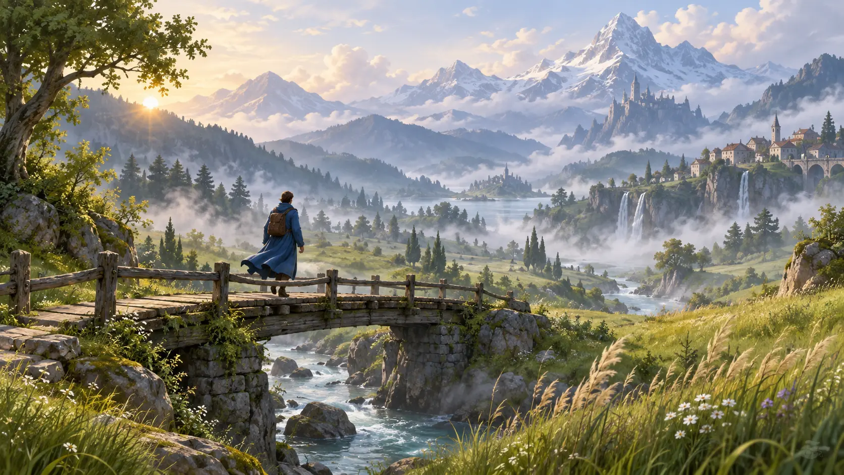 Illustrated storybook landscape with a traveler crossing a bridge