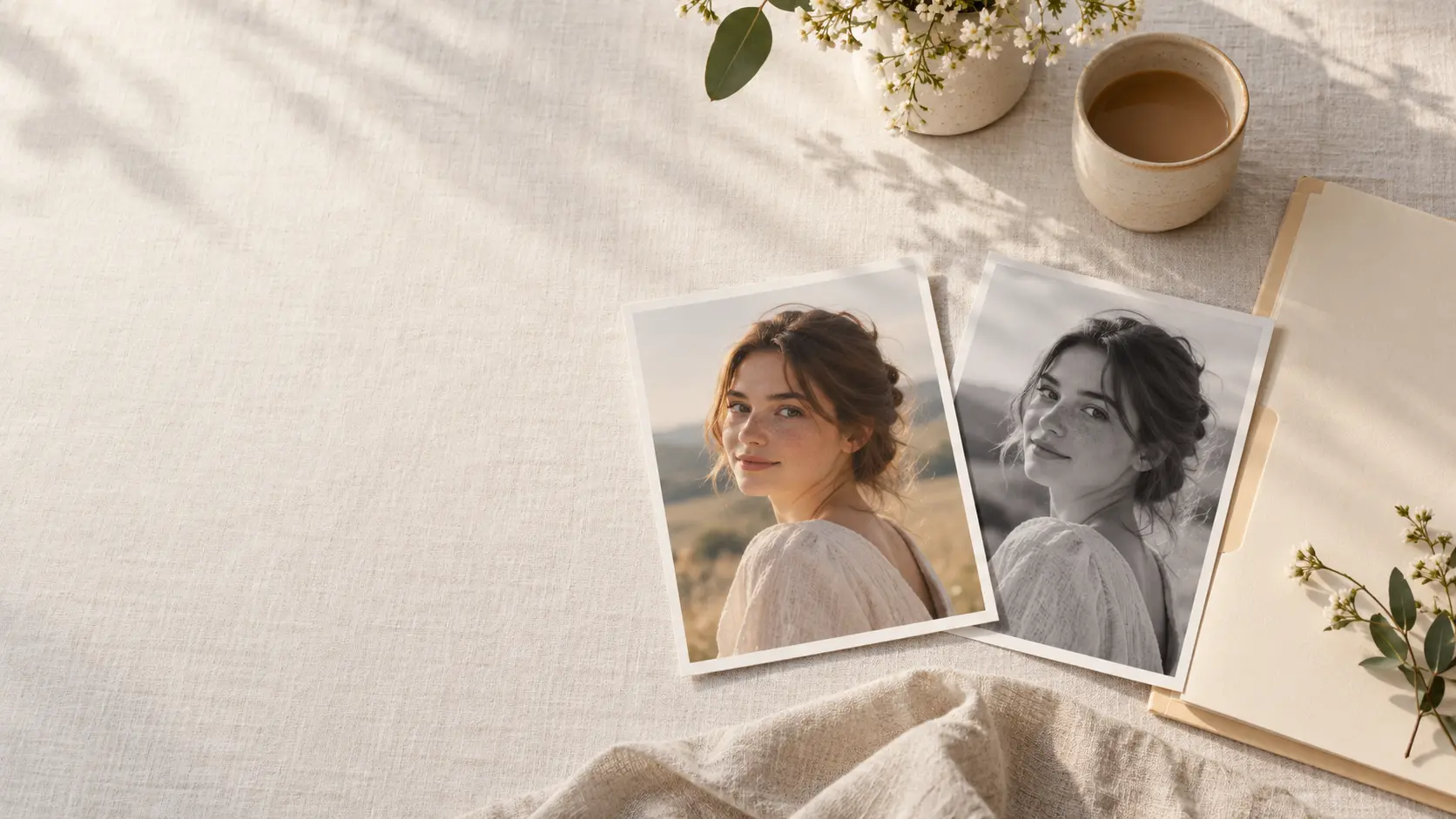 An edited photo beside the original on a bright desk after an AI image modifier edit