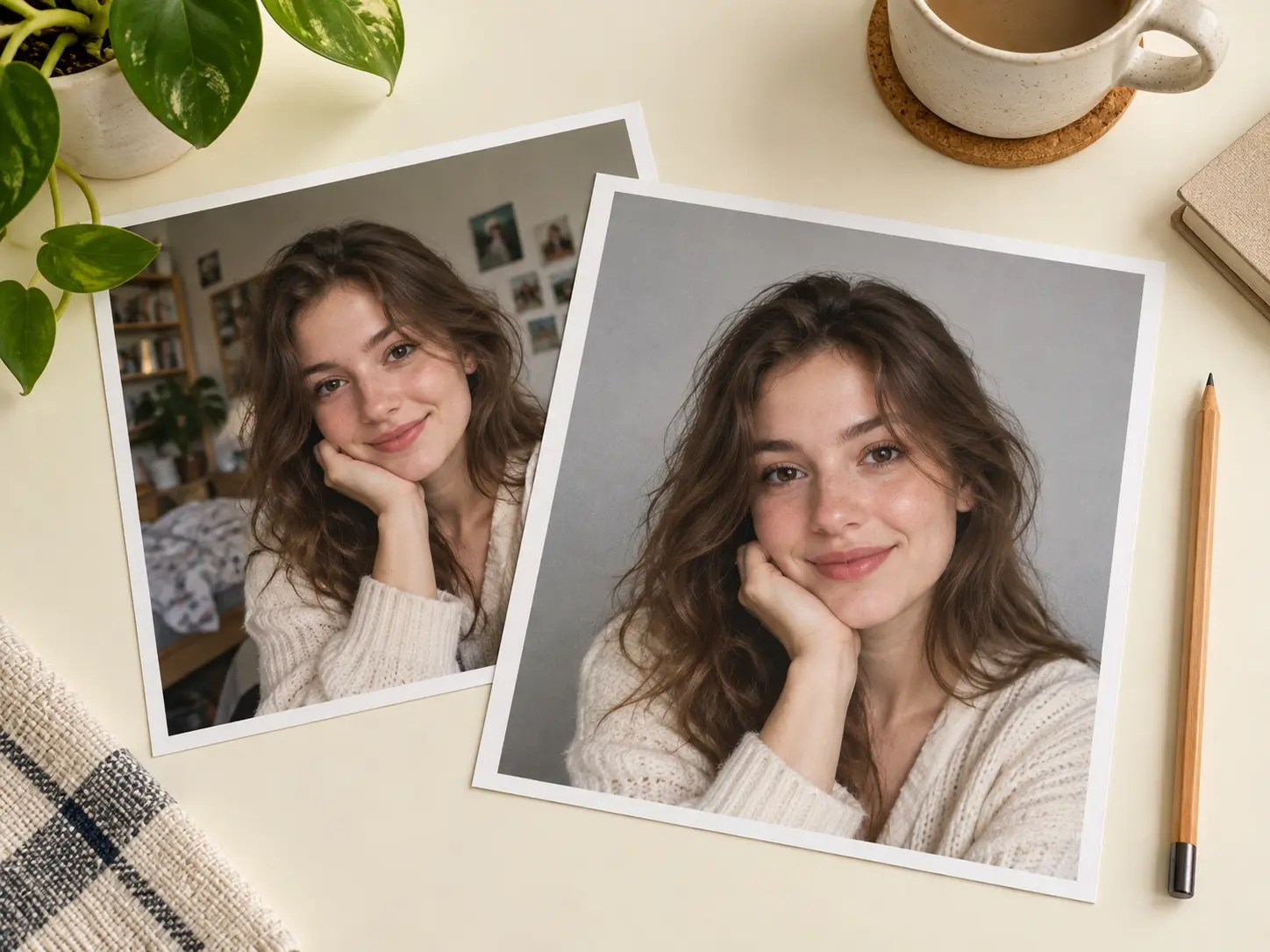 A portrait with a new background appearing beside the original photo after an AI image modifier edit