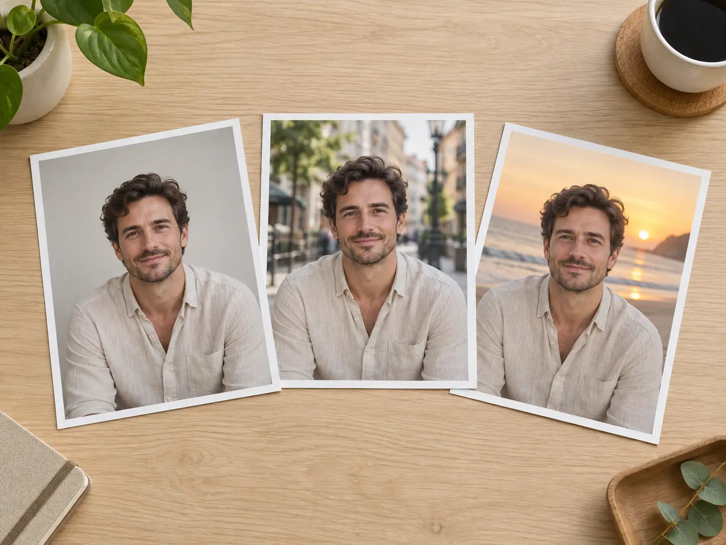 One portrait shown against three different backgrounds created by the image modifier
