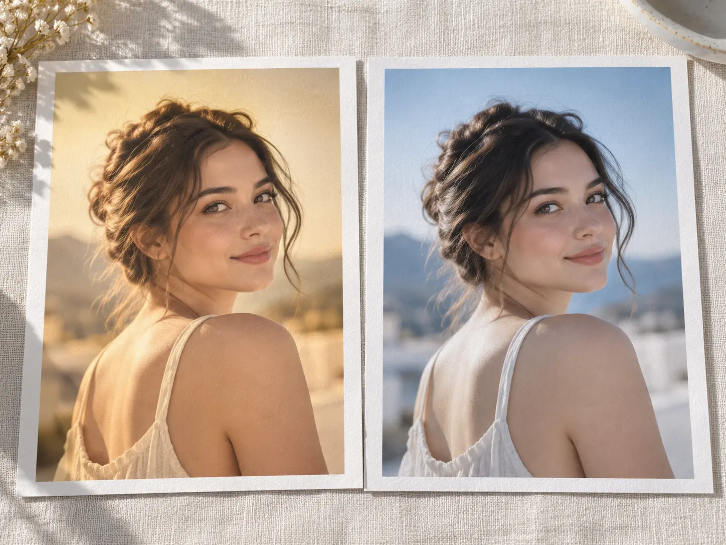 The same photo restyled into warmer and cooler looks by an AI image modifier