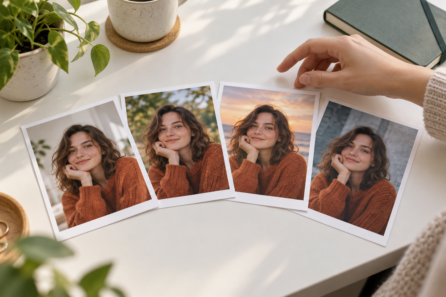 Several edited versions of one photo laid out for comparison before download