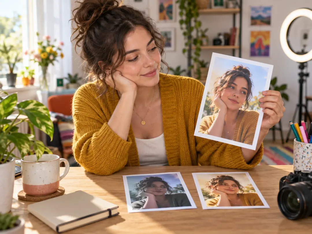 Content creator comparing several edited versions of one photo on a bright desk