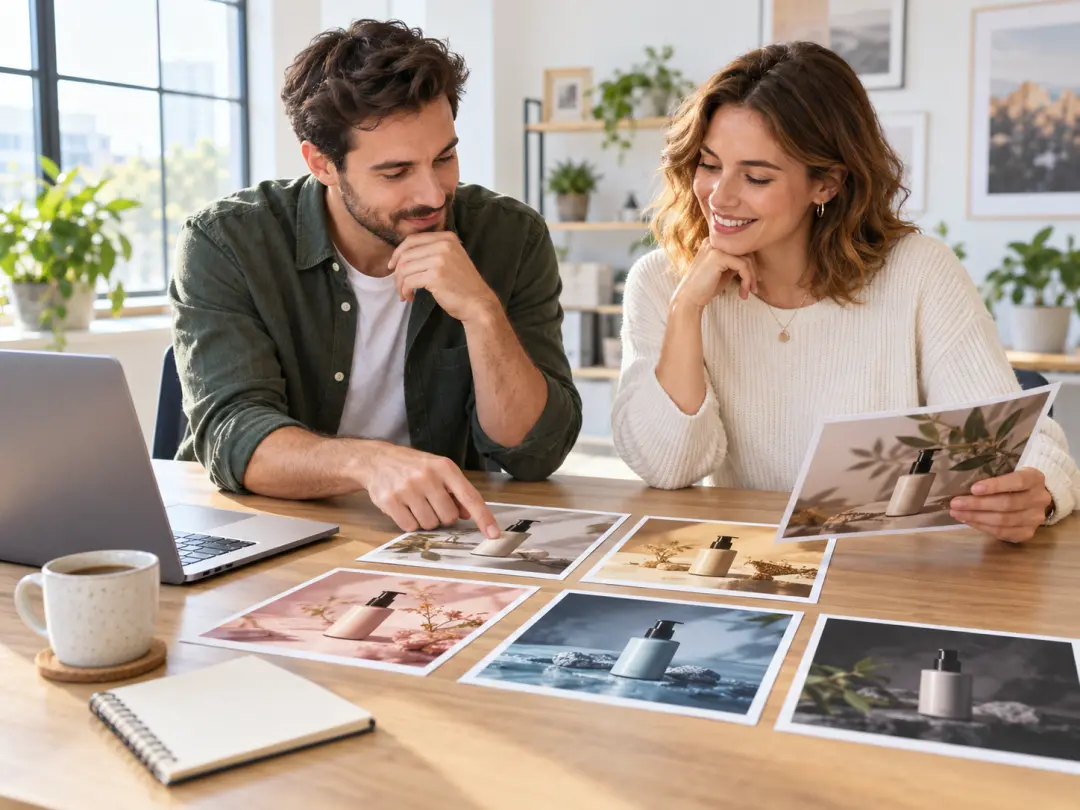 Marketing team comparing several edited ad images made from one original photo