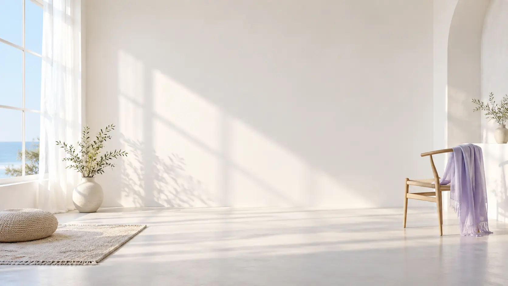 Quiet sunlit studio with a lavender scarf on a chair