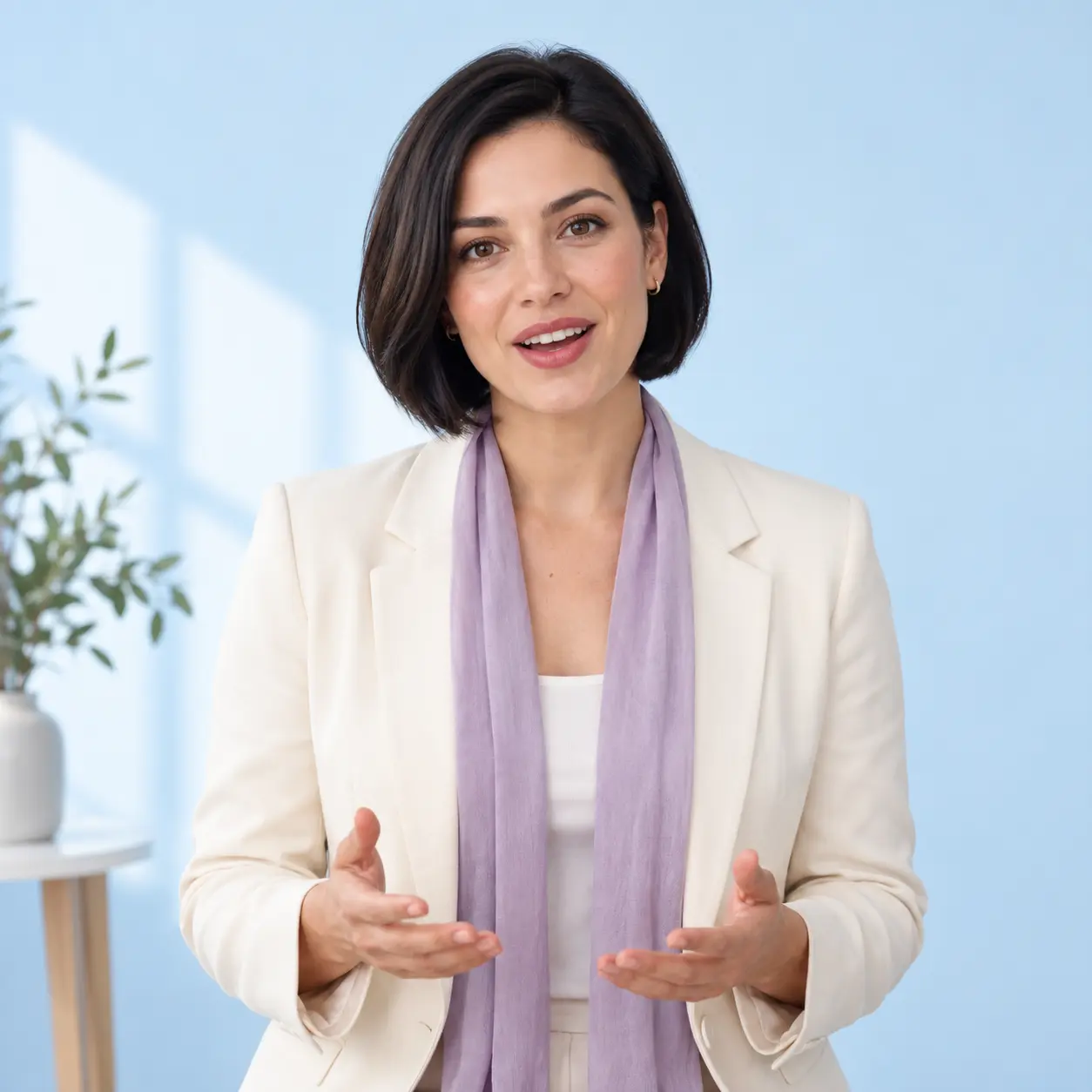 Fictional character in a cream jacket and lavender scarf speaking in a bright studio