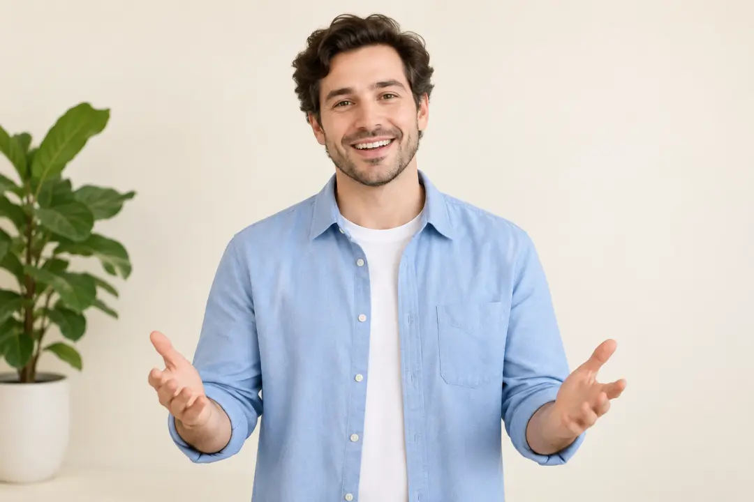 Fictional male character presenting an introduction in a simple studio