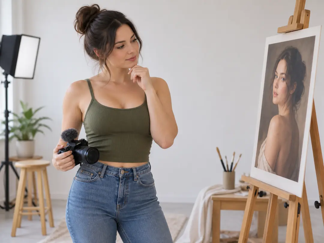 Video maker considering a character portrait beside a camera