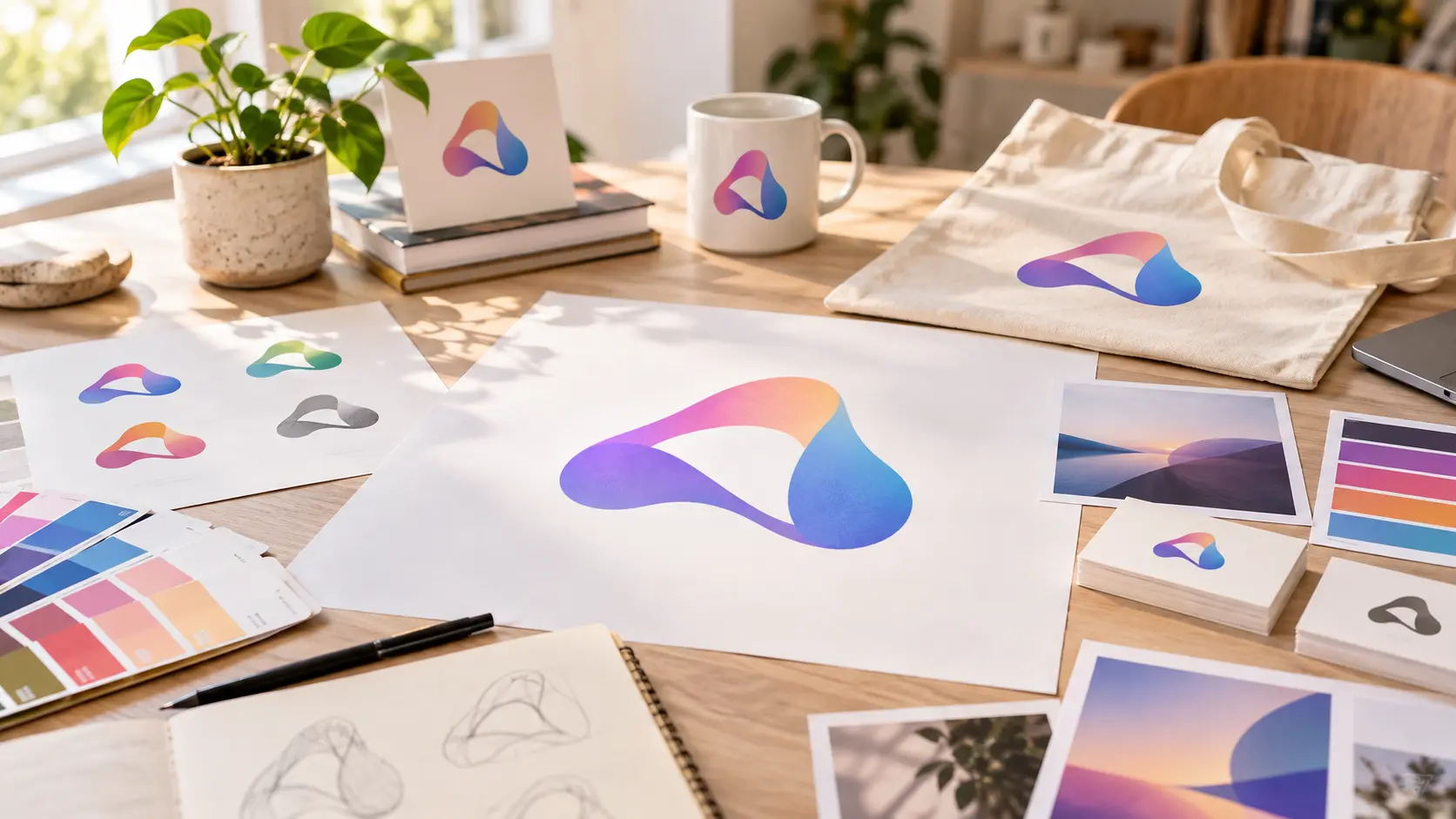 Bright creative table with abstract AI logo maker concepts, printed colour studies, and simple brand mockups