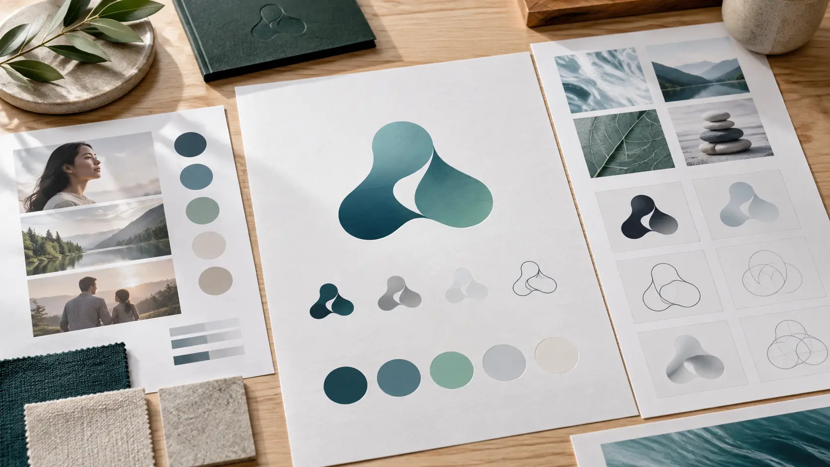Printed AI logo brief with audience notes, colour chips, and abstract symbol studies