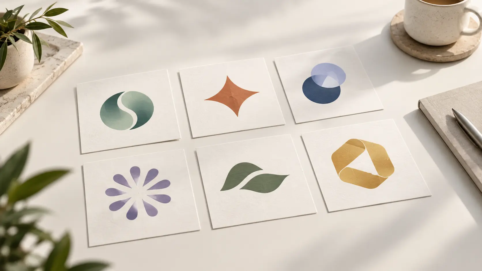 Several distinct abstract AI-generated logo directions laid out on a light studio table