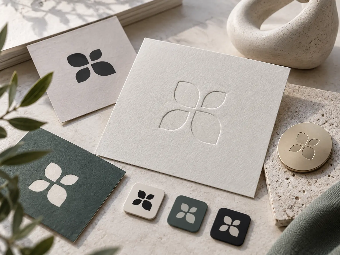 Several distinct AI logo maker concepts displayed as printed marks, embossed samples, and small profile icons