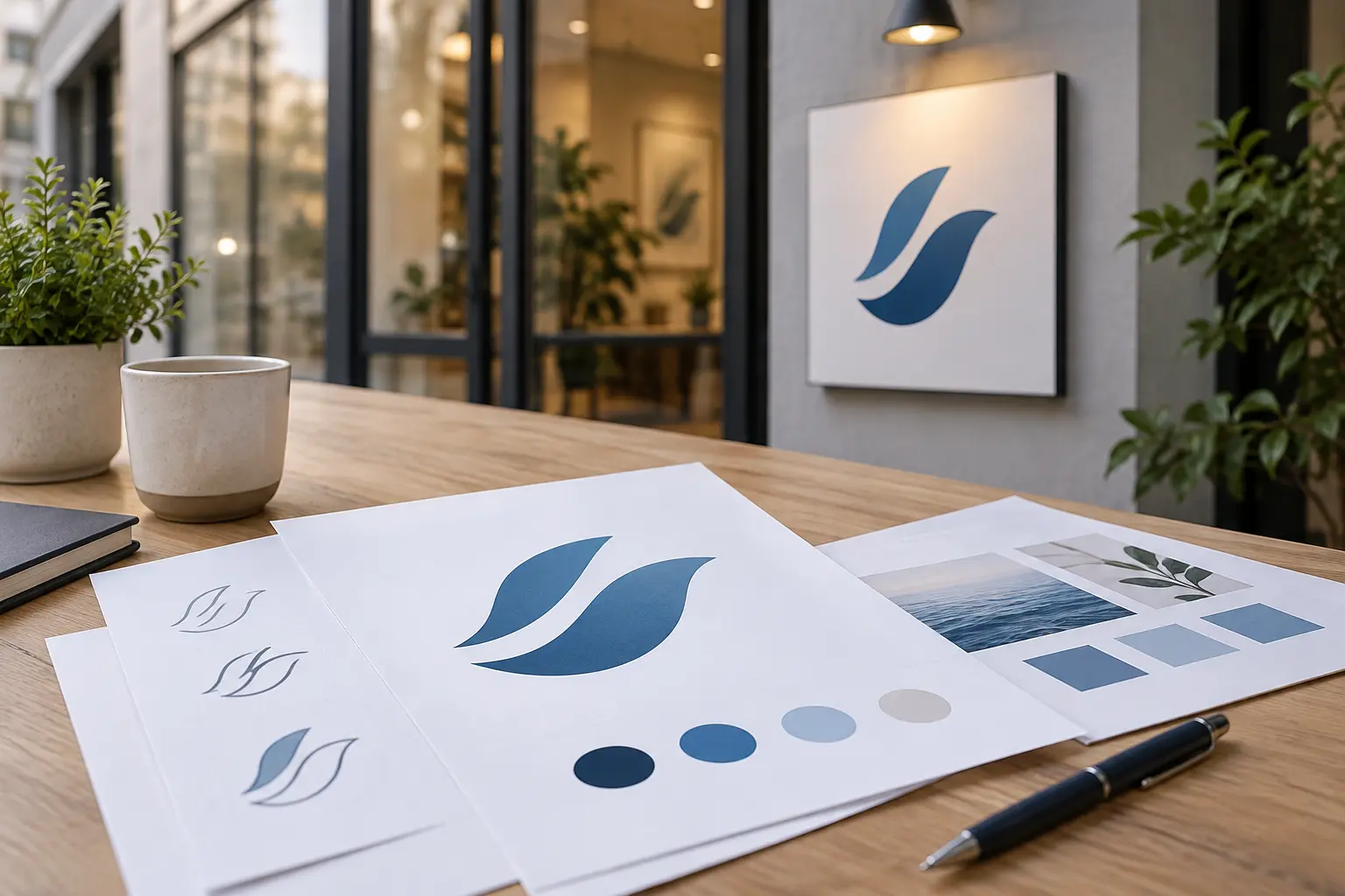 Abstract service business logo directions on paper beside a storefront sign sample and brand notes