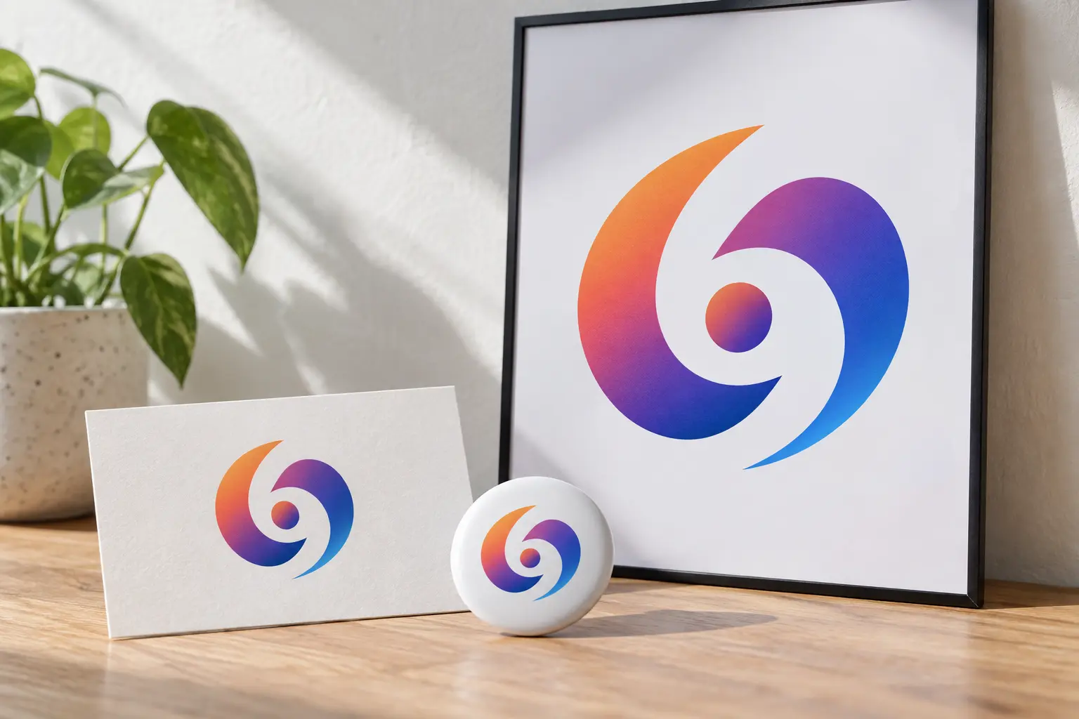 Abstract creator channel mark on a profile badge, printed card, and simple promotional poster