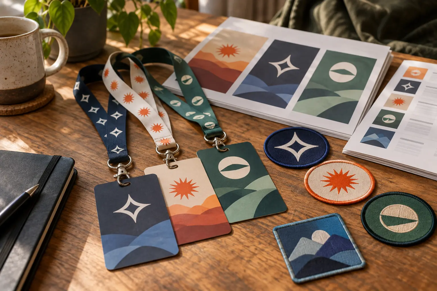 Abstract event and game team badge concepts displayed with lanyards, printed schedules, and fabric patches