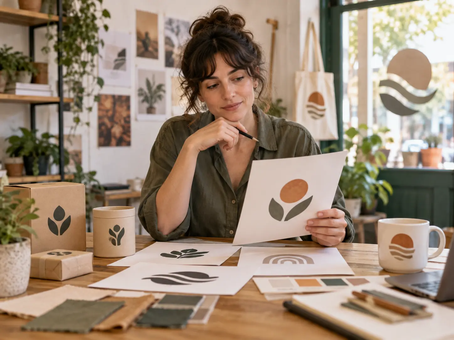 Small business owner comparing AI logo maker concepts with packaging and storefront samples